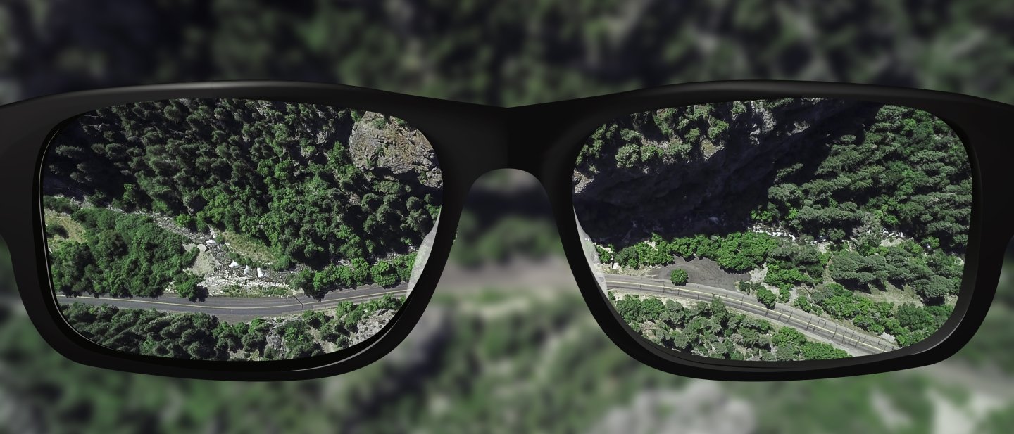 Sicht durch eine Brille auf einen Wald