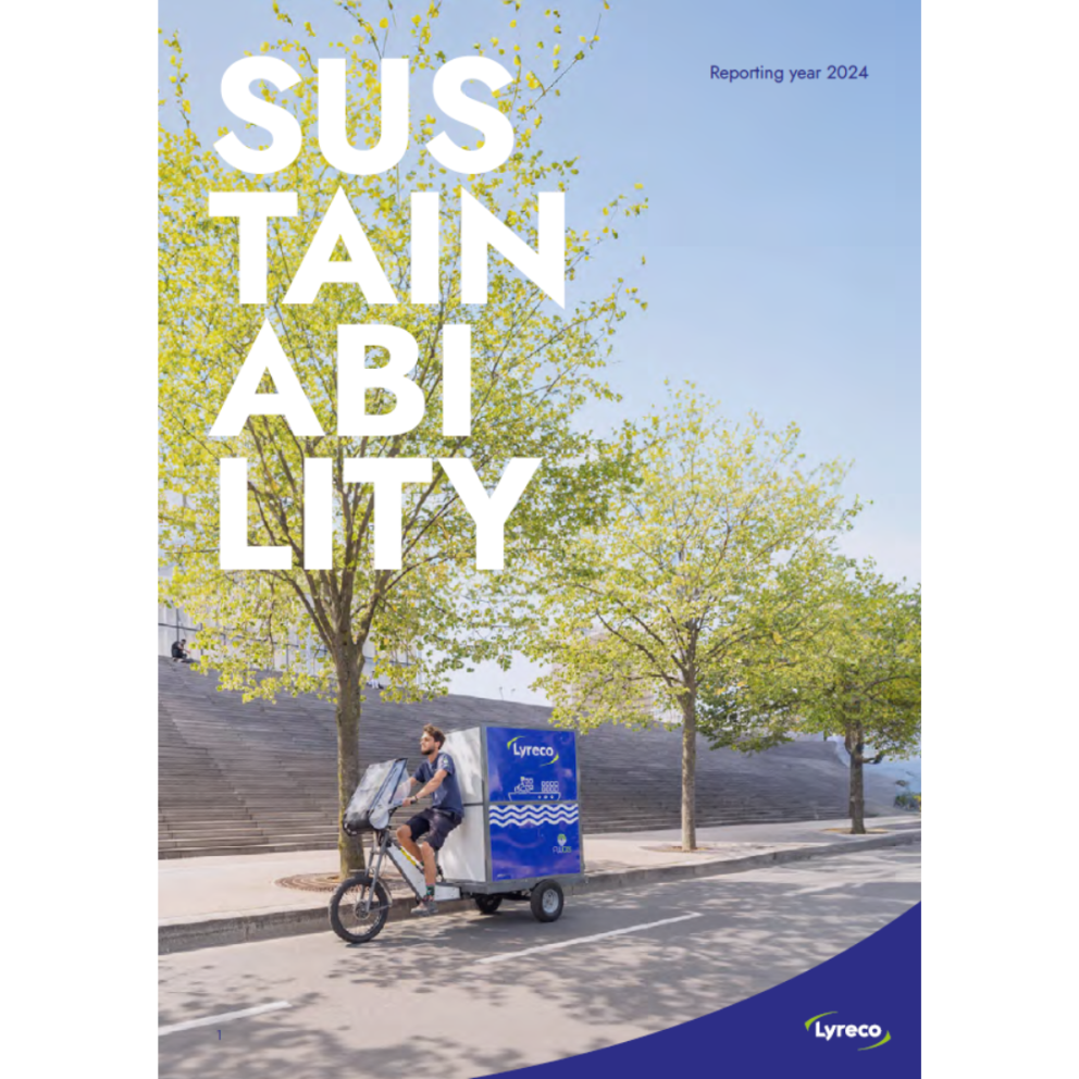 Sustainability report, reporting year 2024 cover with an individual en route to deliver goods on an emission-free vehicle